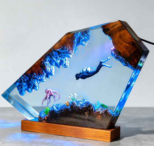 Handmade Underwater Cave Resin Lamp with Octopus and Scuba Diver Diorama