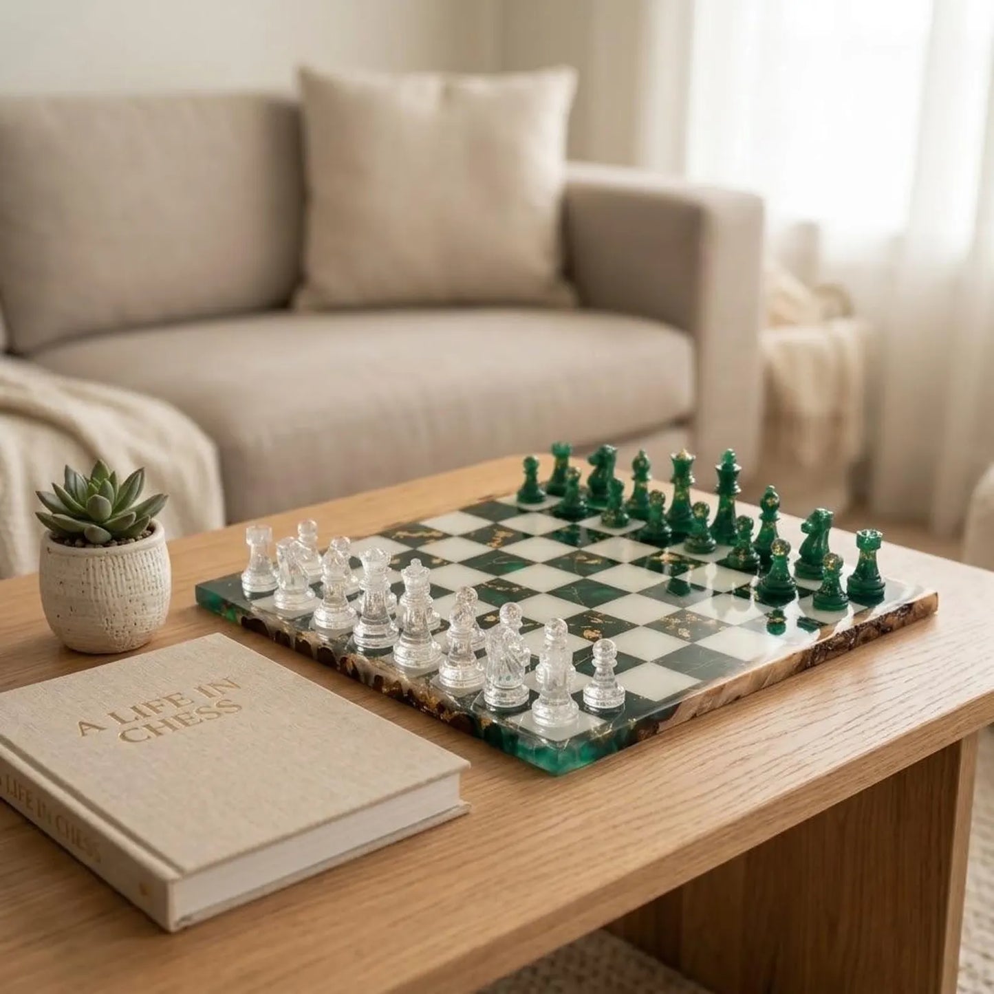 Handmade Epoxy Resin Chess Set – Luxury Wooden Chess Board with 32 Pieces