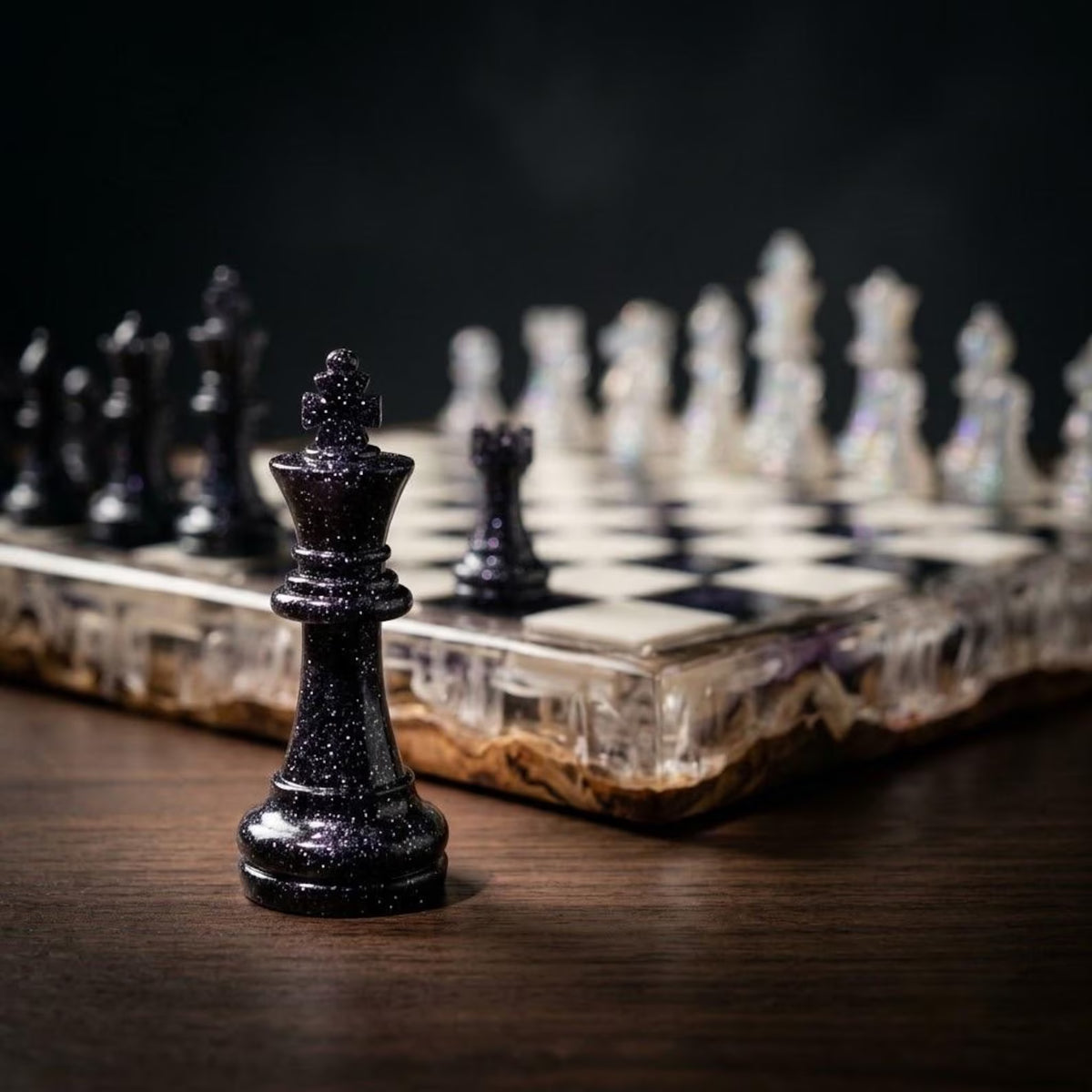 Handmade Luxury Resin Chess Set with Natural Wood Board and 32 Artistic Chess Pieces