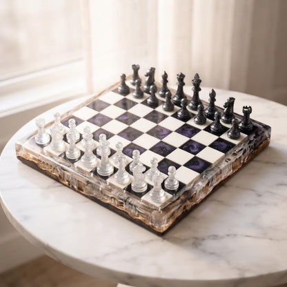 Handmade Luxury Resin Chess Set with Natural Wood Board and 32 Artistic Chess Pieces