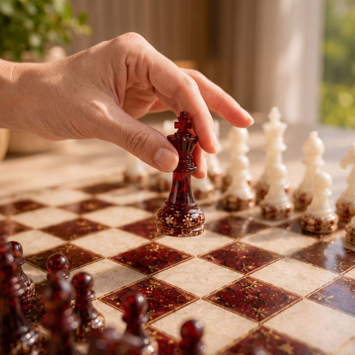 Personalized Burgundy Epoxy Resin Chess Set with Gold Foil Wooden Board and Handmade Pieces