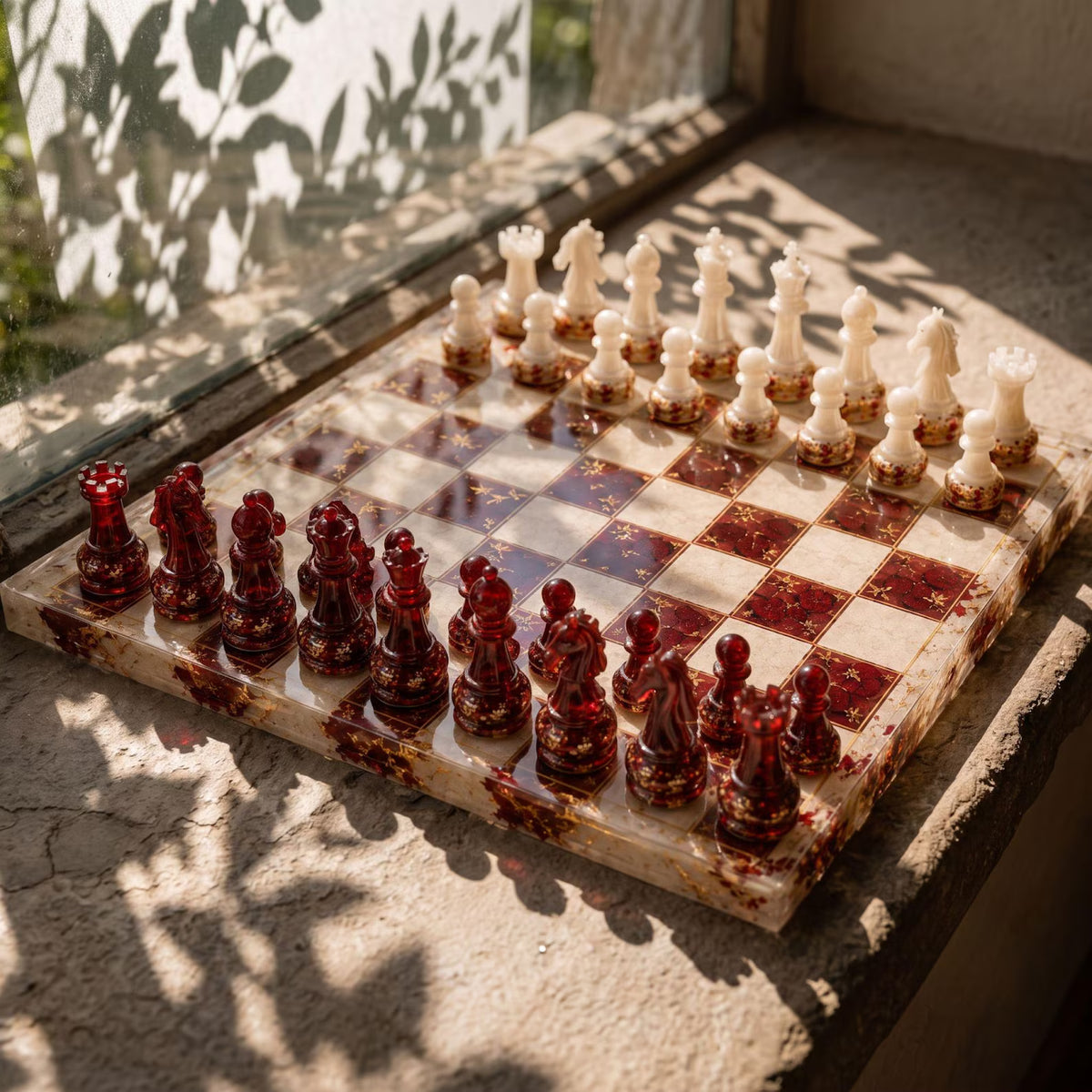 Personalized Burgundy Epoxy Resin Chess Set with Gold Foil Wooden Board and Handmade Pieces