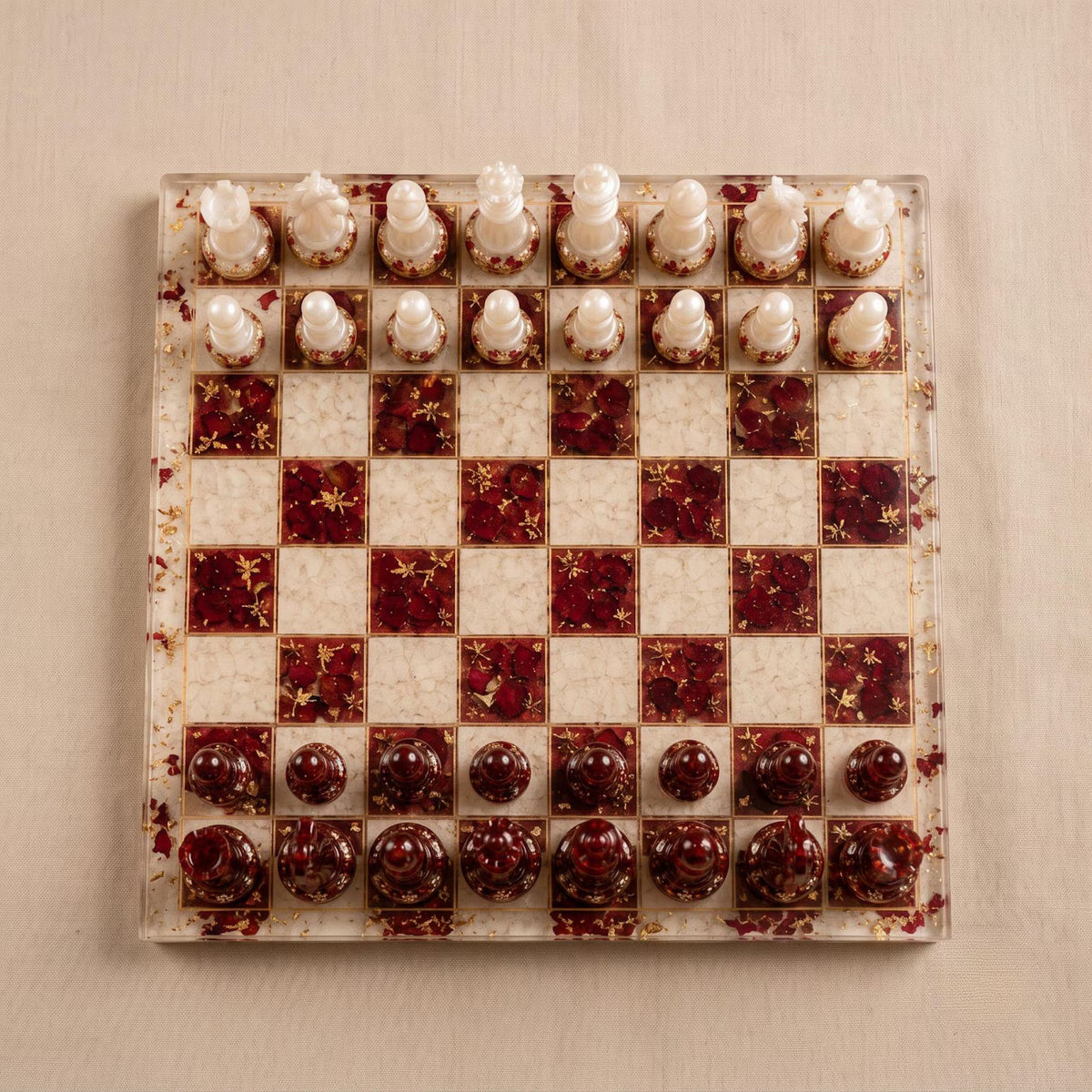 Personalized Burgundy Epoxy Resin Chess Set with Gold Foil Wooden Board and Handmade Pieces