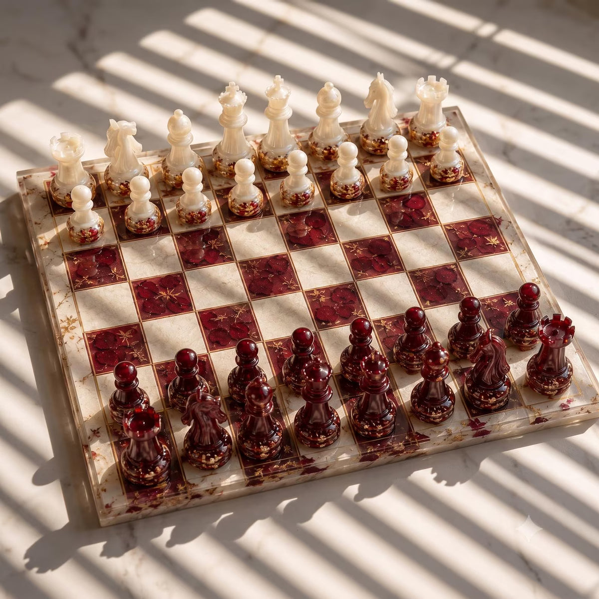 Personalized Burgundy Epoxy Resin Chess Set with Gold Foil Wooden Board and Handmade Pieces