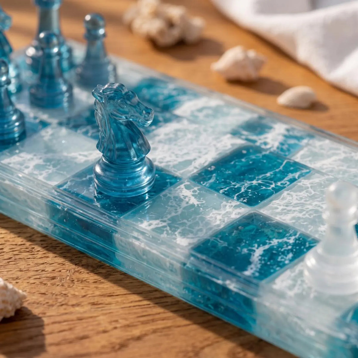 Luxury Teal Blue Resin Chess Set with Handmade Marble Effect Epoxy Tabletop Chess Board