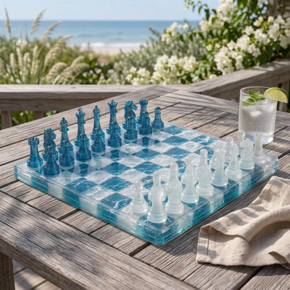 Luxury Teal Blue Resin Chess Set with Handmade Marble Effect Epoxy Tabletop Chess Board
