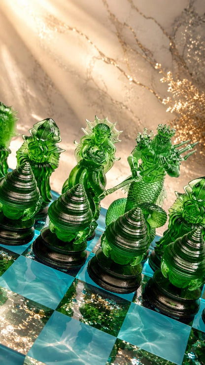 Ocean Iceberg Resin Chess Set with Mermaid Pieces Handmade Wave Board Coastal Design