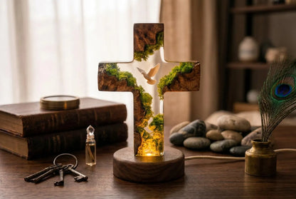 Handmade Resin Cross Lamp, Dove Moss Night Light, Wooden Base Christian Home Decor, Spiritual Lighting