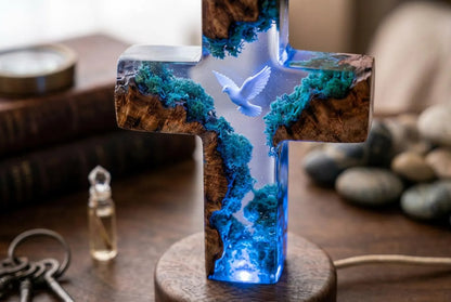 Handmade Resin Cross Lamp, Dove Moss Night Light, Wooden Base Christian Home Decor, Spiritual Lighting