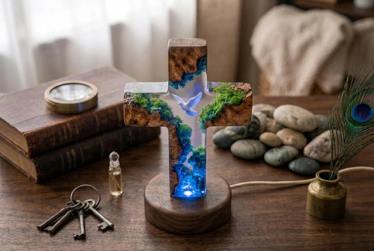Handmade Resin Cross Lamp, Dove Moss Night Light, Wooden Base Christian Home Decor, Spiritual Lighting