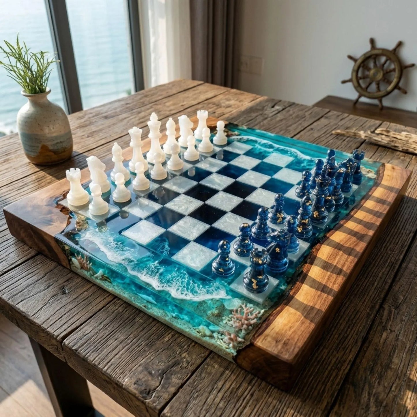 Handcrafted Ocean Resin Chess Set – Luxury Wooden Epoxy Chess Board with Pieces