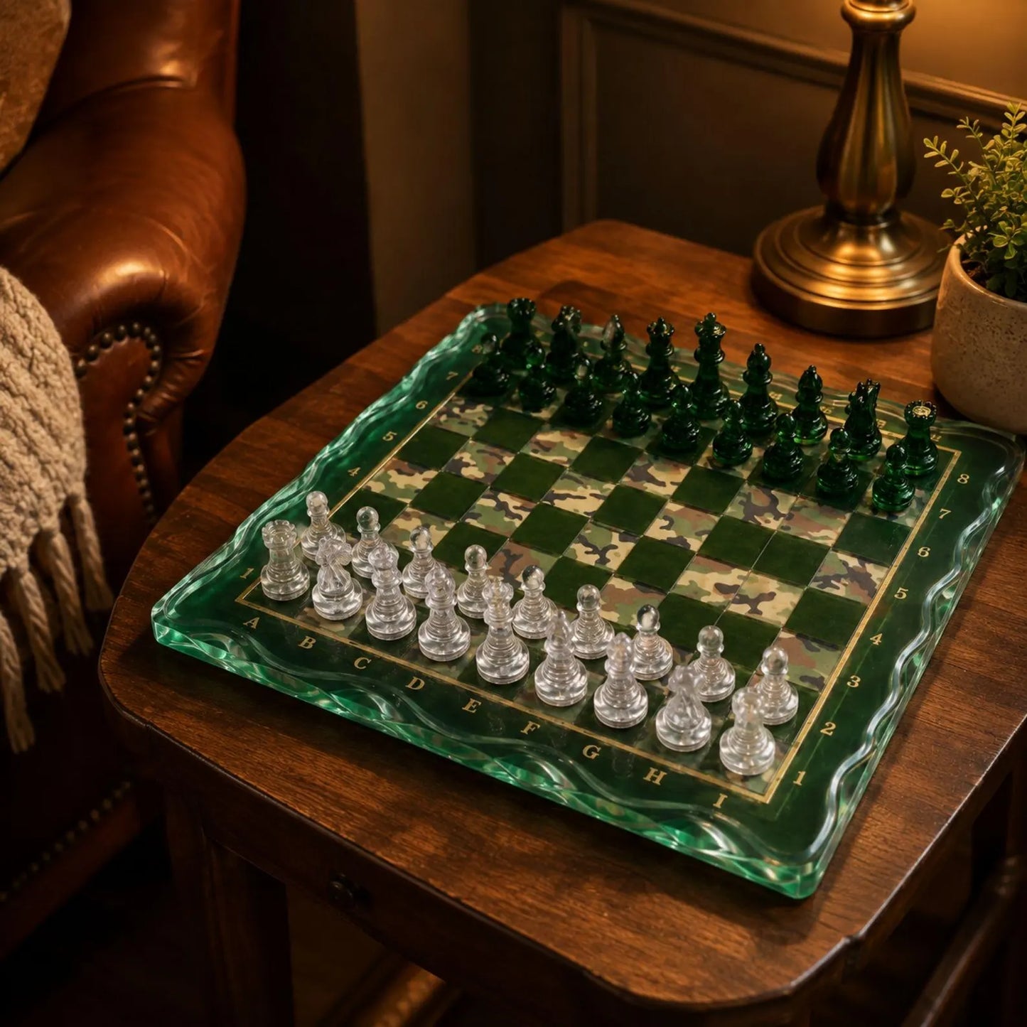 Custom Camouflage Epoxy Chess Board with Handmade Resin Set and Crystal Clear Chess Pieces