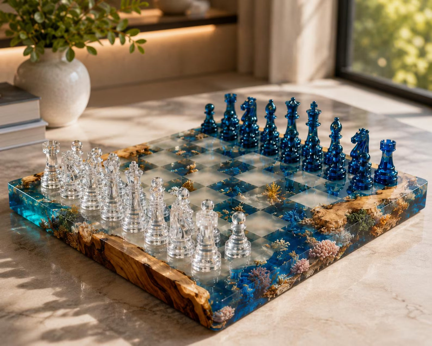 Handmade Epoxy Resin Chess Set – Luxury Wooden Chess Board with 32 Pieces