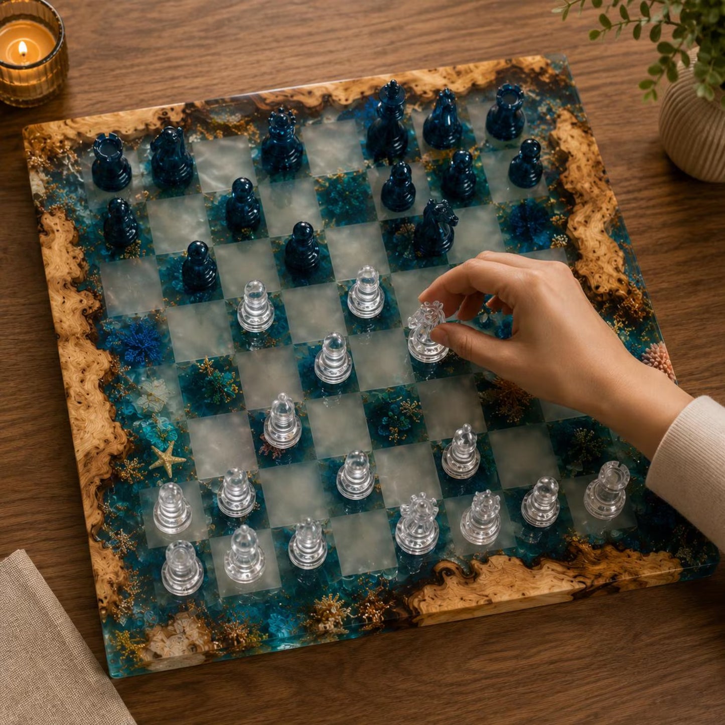 Handmade Epoxy Resin Chess Set – Luxury Wooden Chess Board with 32 Pieces