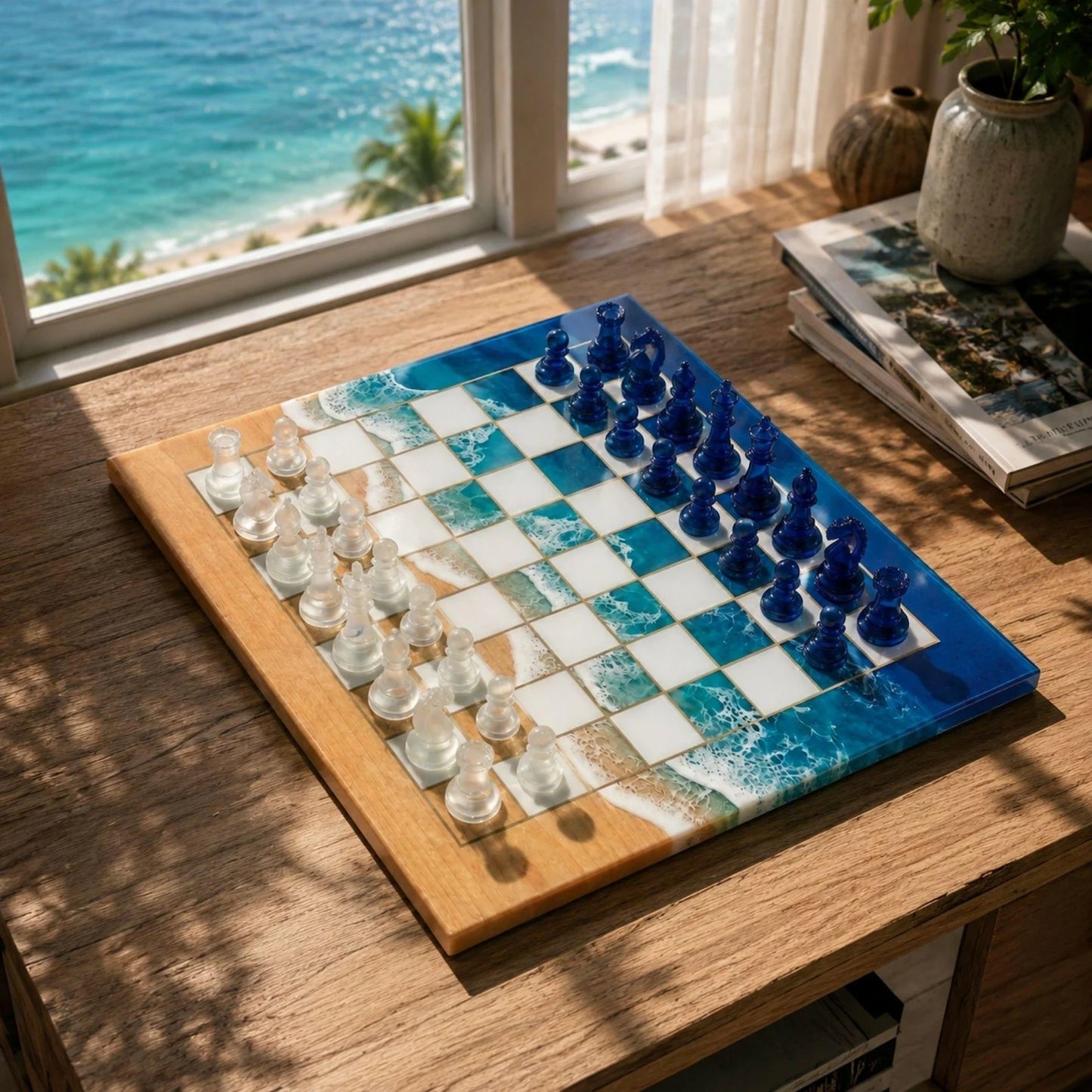 Handcrafted Ocean Blue Resin Chess Set – Luxury Epoxy Chess Board with Pieces