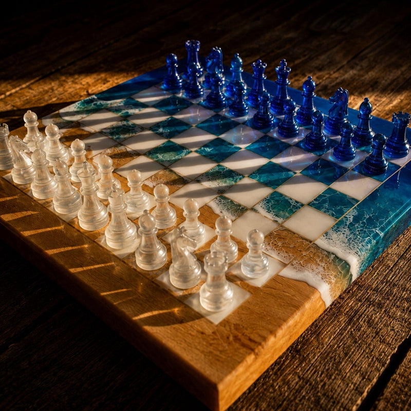 Handcrafted Ocean Blue Resin Chess Set – Luxury Epoxy Chess Board with Pieces