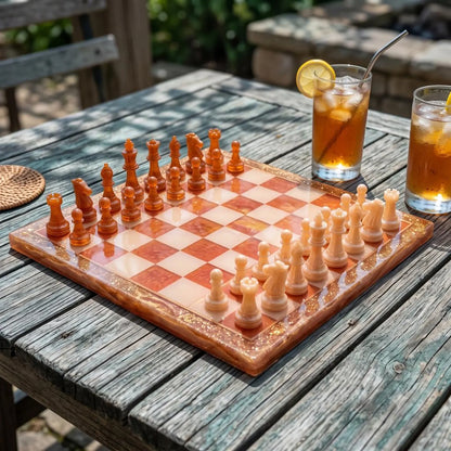 Handmade Luxury Resin Chess Set with 32 Pieces Custom Artistic Chess Board Game Room Decor
