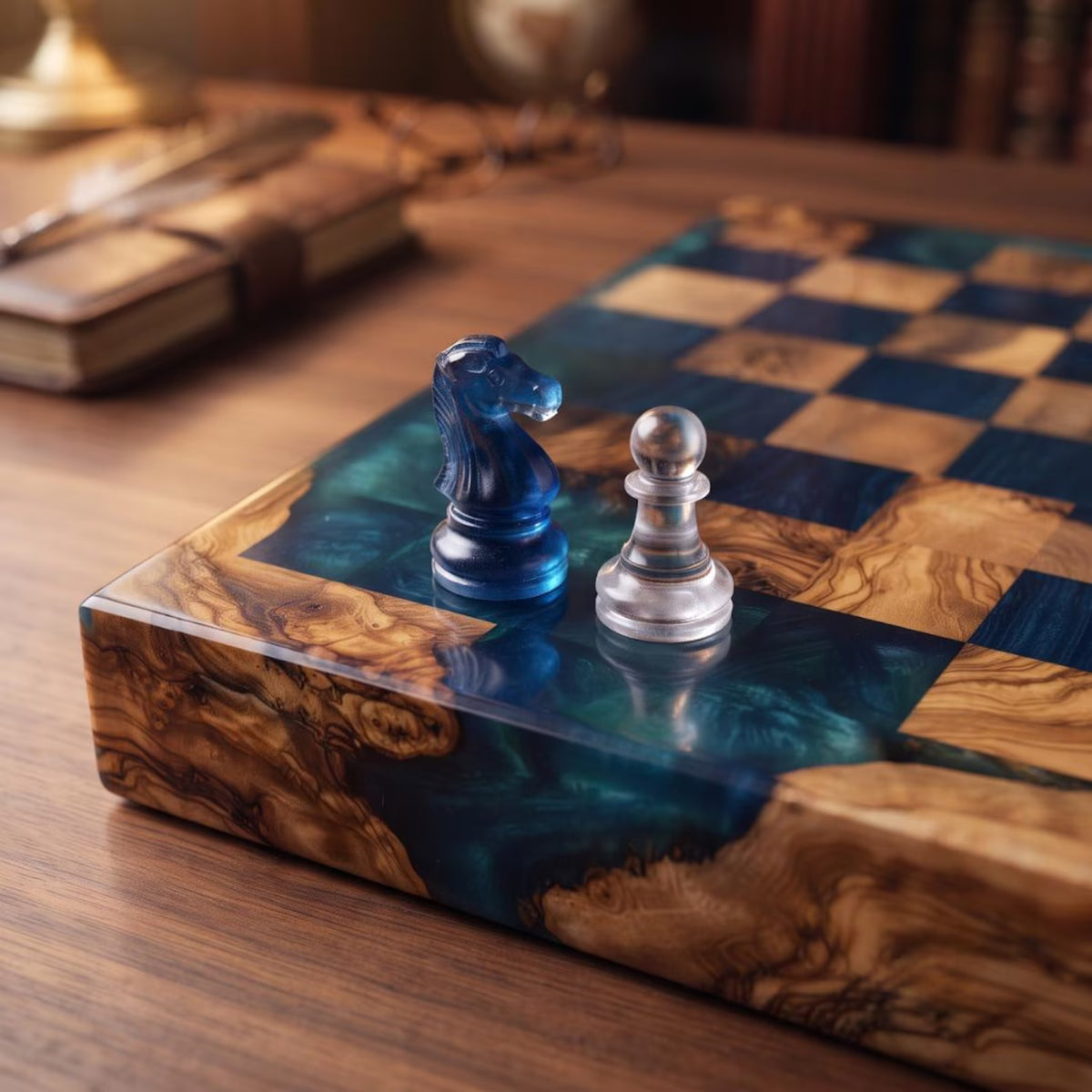 Luxury Handmade Wood Resin Chess Set with Artistic Epoxy Board and Unique Chess Pieces