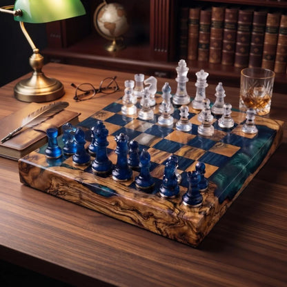 Luxury Handmade Wood Resin Chess Set with Artistic Epoxy Board and Unique Chess Pieces
