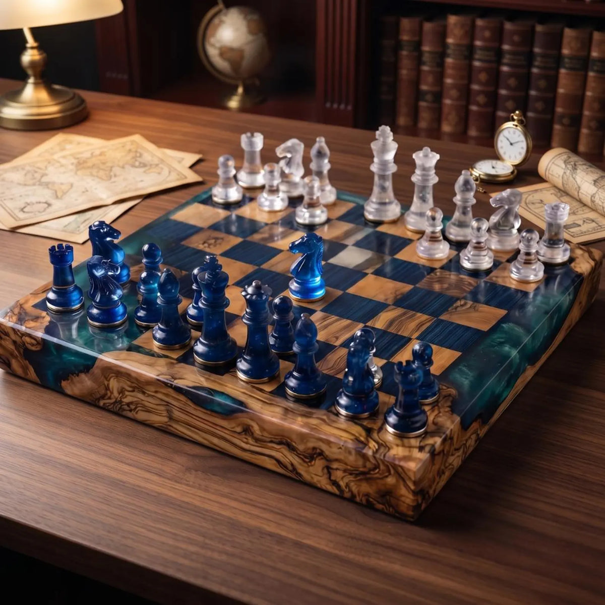 Luxury Handmade Wood Resin Chess Set with Artistic Epoxy Board and Unique Chess Pieces