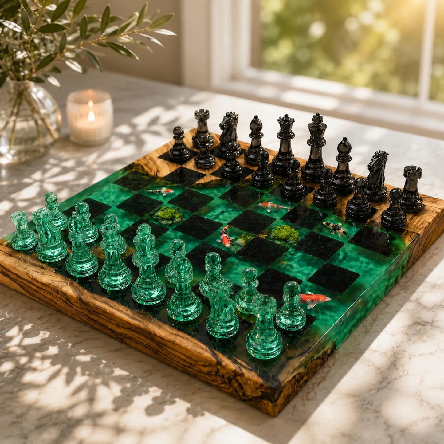 Handmade Koi Pond Resin Chess Set – Luxury Wood Epoxy Chess Board with Green & Black Pieces