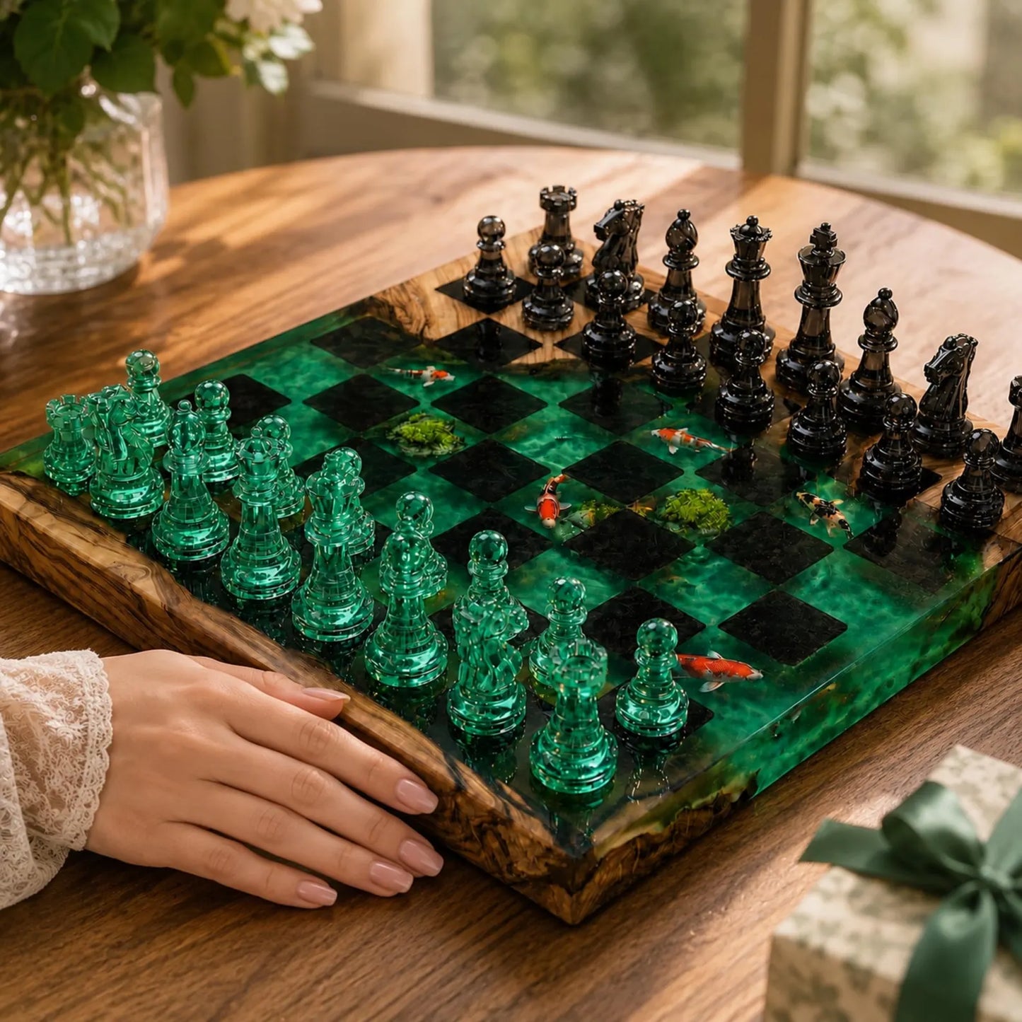 Handmade Koi Pond Resin Chess Set – Luxury Wood Epoxy Chess Board with Green & Black Pieces