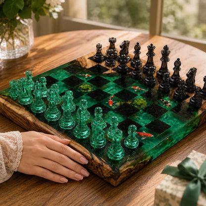 Handmade Koi Pond Resin Chess Set – Luxury Wood Epoxy Chess Board with Green & Black Pieces