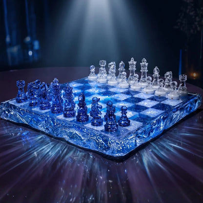 Handmade Ocean Blue Resin Chess Set – Transparent Epoxy Chess Board with Blue and White Pieces