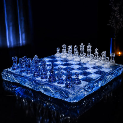 Handmade Ocean Blue Resin Chess Set – Transparent Epoxy Chess Board with Blue and White Pieces