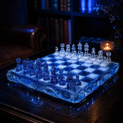 Handmade Ocean Blue Resin Chess Set – Transparent Epoxy Chess Board with Blue and White Pieces
