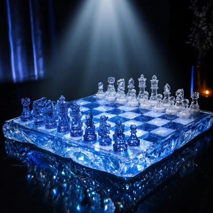 Handmade Ocean Blue Resin Chess Set – Transparent Epoxy Chess Board with Blue and White Pieces