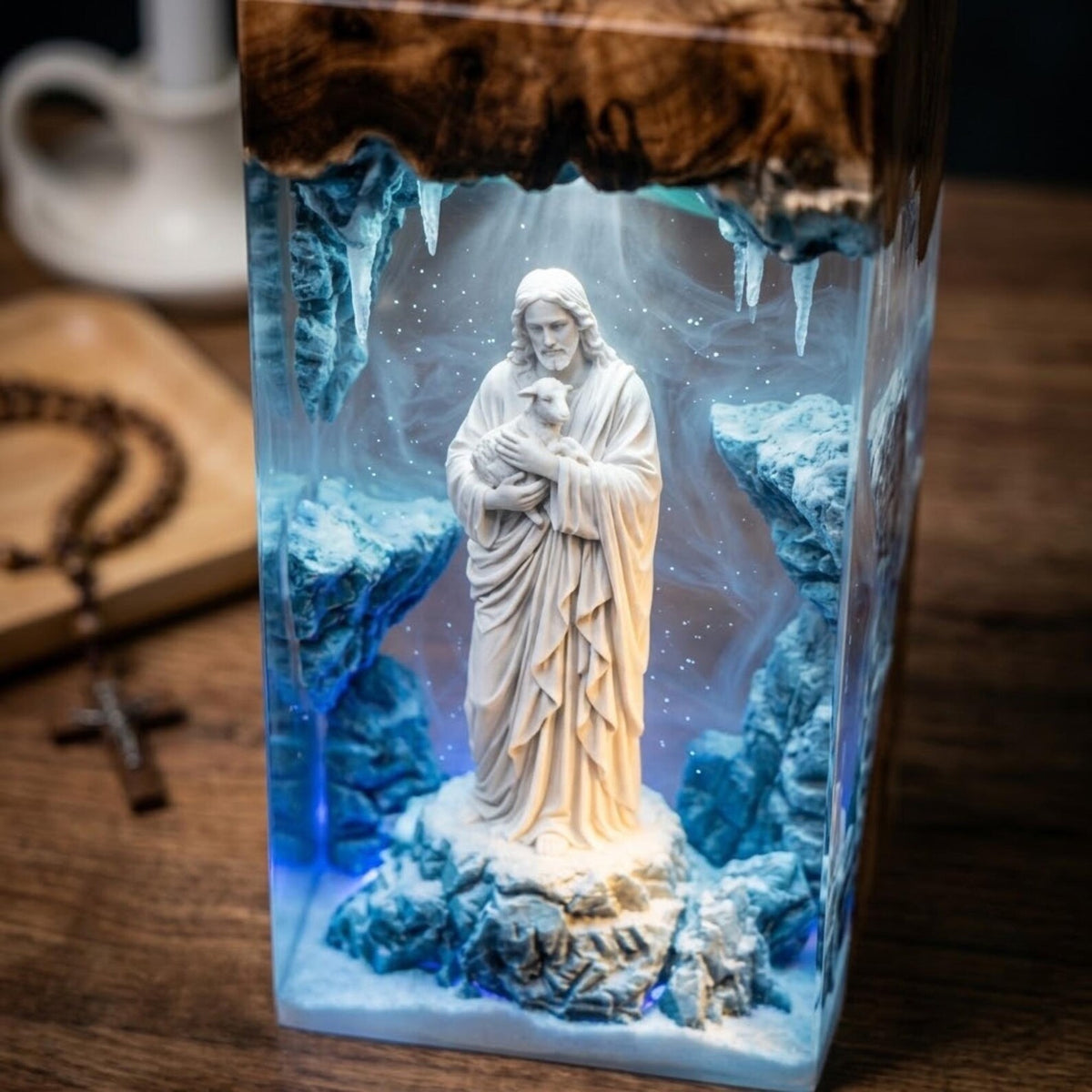 Jesus Holding Lamb Resin Lamp, Handmade Christian Night Light, Religious Table Lamp, Bible Home Decor