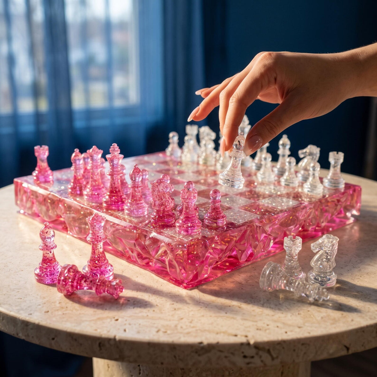 Pink Crystal Resin Chess Set Handmade Glitter Epoxy Chess Board Luxury Chess Game Decor Design