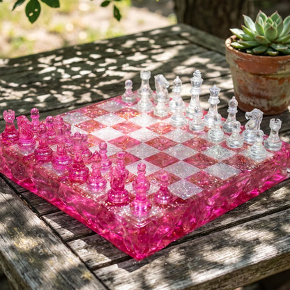 Pink Crystal Resin Chess Set Handmade Glitter Epoxy Chess Board Luxury Chess Game Decor Design