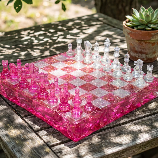 Pink Crystal Resin Chess Set Handmade Glitter Epoxy Chess Board Luxury Chess Game Decor Design