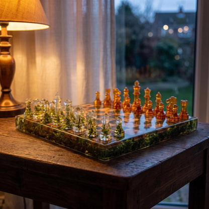 Handmade Moss Wood Resin Chess Set – Clear Resin Pieces and Natural Forest Design