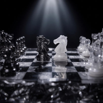 Luxury Black and Clear Resin Chess Set with Silver Glitter Epoxy Board