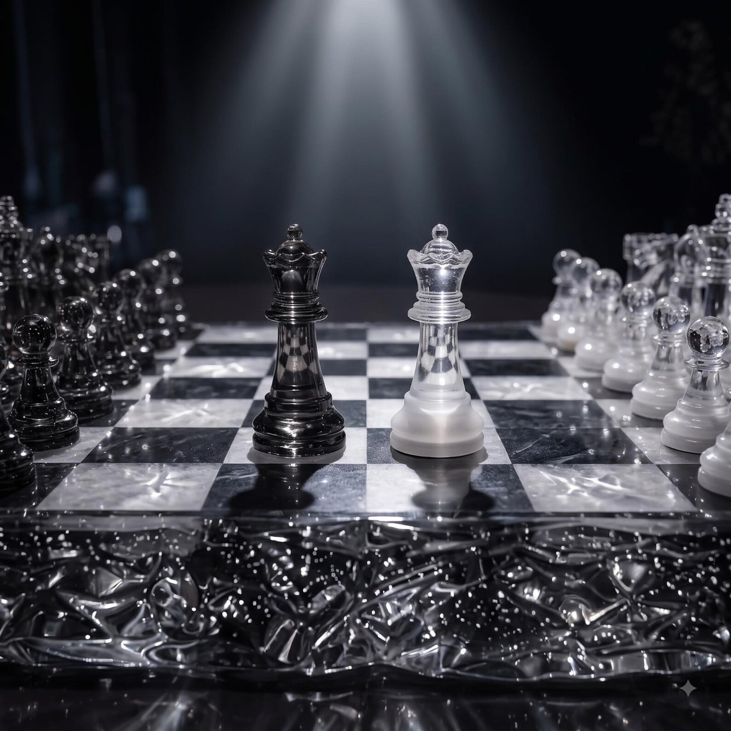 Luxury Black and Clear Resin Chess Set with Silver Glitter Epoxy Board