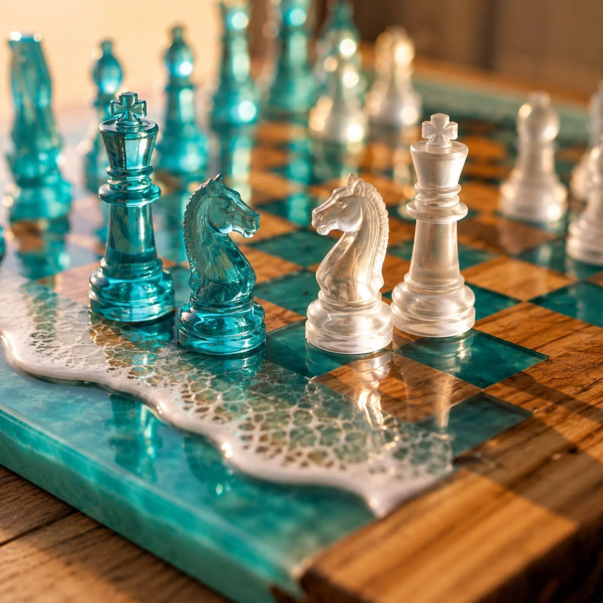 Luxury Ocean Resin Chess Set with Handcrafted Beach Wave Wood Board and Artistic Pieces