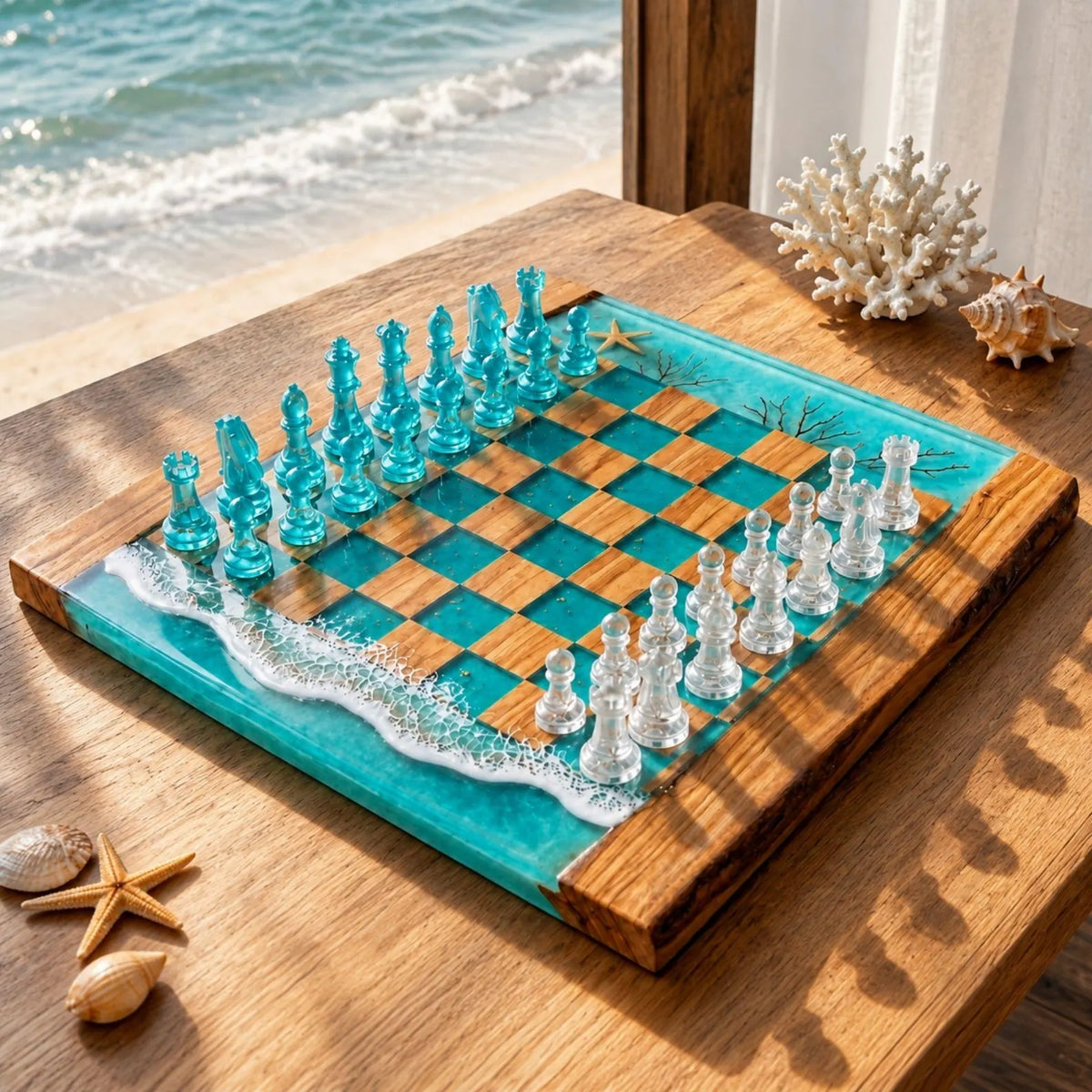 Luxury Ocean Resin Chess Set with Handcrafted Beach Wave Wood Board and Artistic Pieces