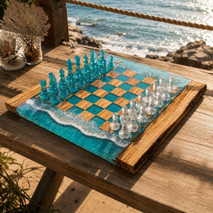 Luxury Ocean Resin Chess Set with Handcrafted Beach Wave Wood Board and Artistic Pieces