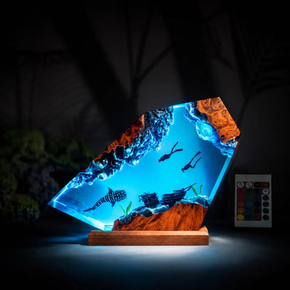 Whale Shark Resin Lamp Scuba Diver Night Light Handmade Ocean Decor Shipwreck Art