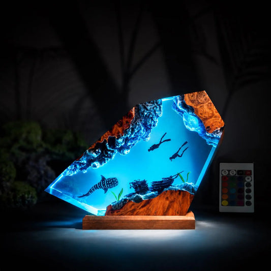 Whale Shark Resin Lamp Scuba Diver Night Light Handmade Ocean Decor Shipwreck Art