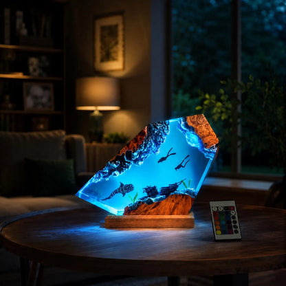 Whale Shark Resin Lamp Scuba Diver Night Light Handmade Ocean Decor Shipwreck Art