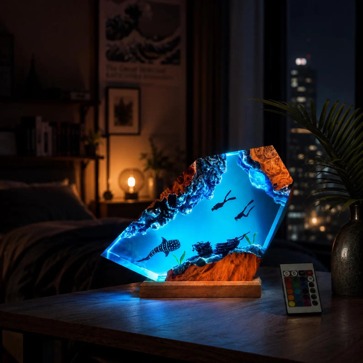 Whale Shark Resin Lamp Scuba Diver Night Light Handmade Ocean Decor Shipwreck Art