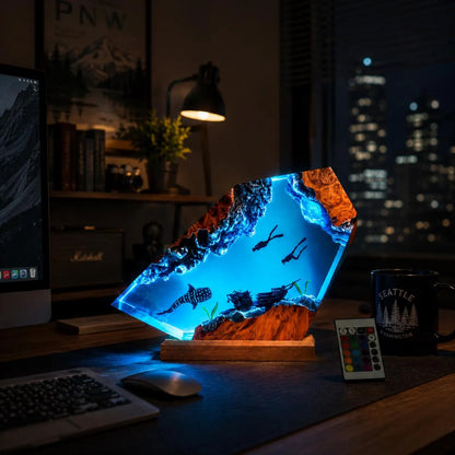 Whale Shark Resin Lamp Scuba Diver Night Light Handmade Ocean Decor Shipwreck Art