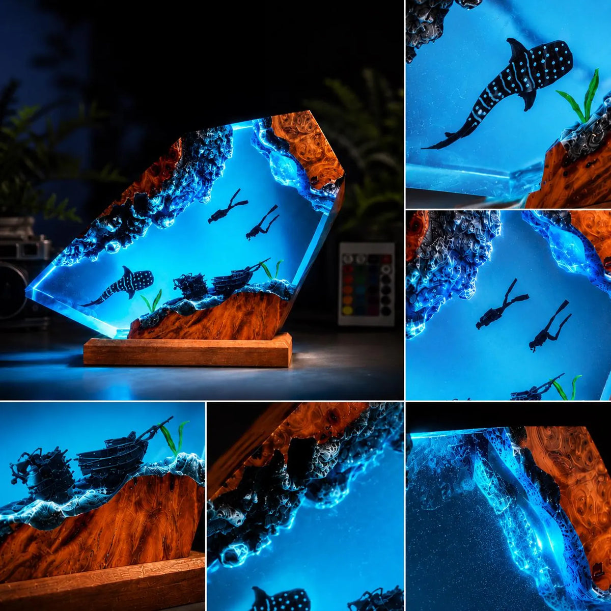 Whale Shark Resin Lamp Scuba Diver Night Light Handmade Ocean Decor Shipwreck Art