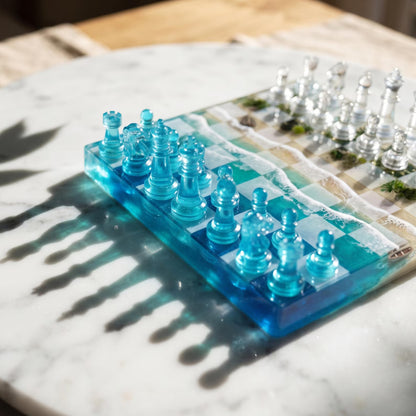 Handmade Ocean Wave Resin Chess Set Coastal Beach Inspired Epoxy Chess Board Design