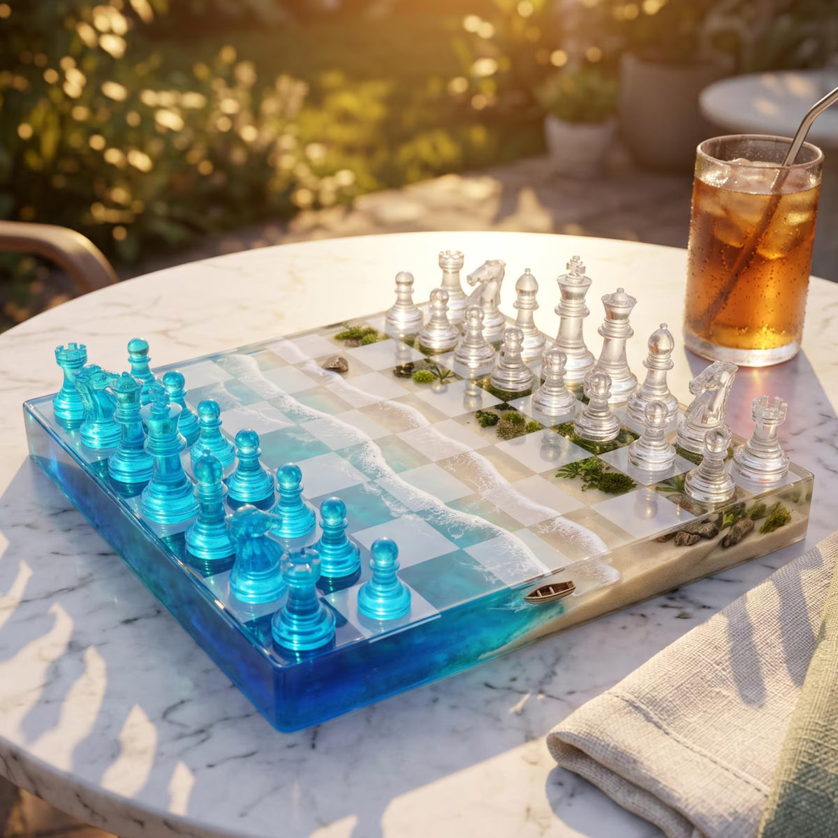 Handmade Ocean Wave Resin Chess Set Coastal Beach Inspired Epoxy Chess Board Design