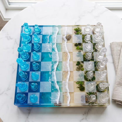 Handmade Ocean Wave Resin Chess Set Coastal Beach Inspired Epoxy Chess Board Design